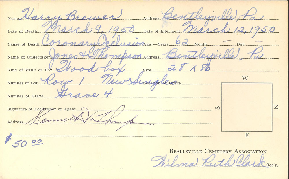 Harry Brewer burial card